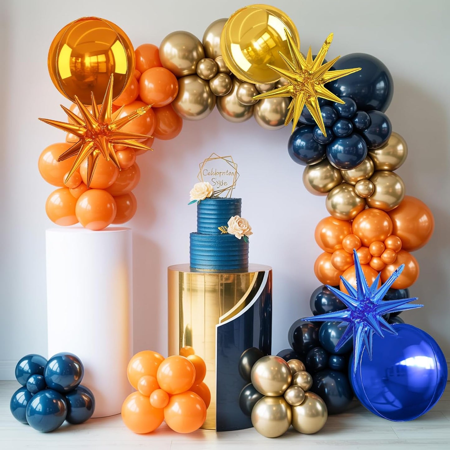 6Pcs Blue Orange Gold Foil Balloons,22Inch Orange Blue Gold 4D Round Ball Balloon and Explosion Star Balloon for Birthday Wedding Baby Shower Anniversary Party Decorations