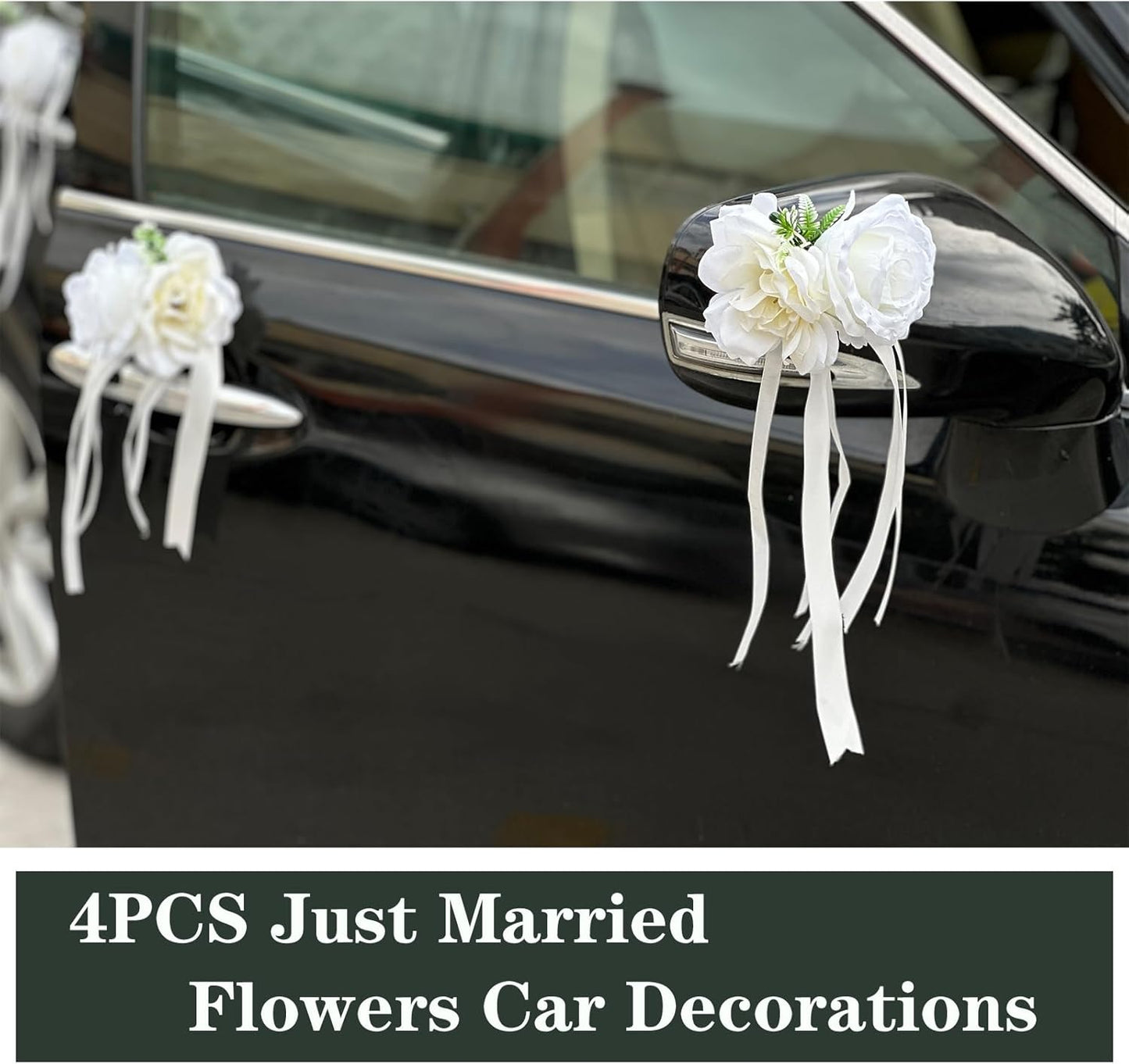White Rose & Peony Wedding Car Door Handle Decor – 12 cm Artificial Flowers with Faux Greenery, Satin Ribbon Bow & Suction Cup – Versatile Bridal Vehicle & Mirror Ornament (Set of 4)