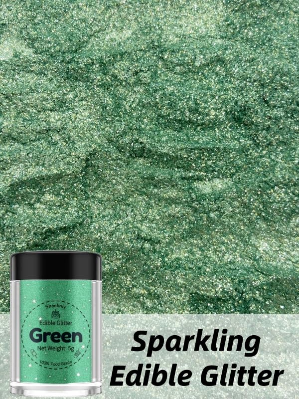 Shanlinly Green Edible Glitter for Cakes Drinks - Food Grade 5g Shimmer Luster Glitter Dust Edible Glimmer Powders for Strawberries, Sprinkle on Sparkle, Chocolate, Cookie, Cupcake, Cocktail, Vegan