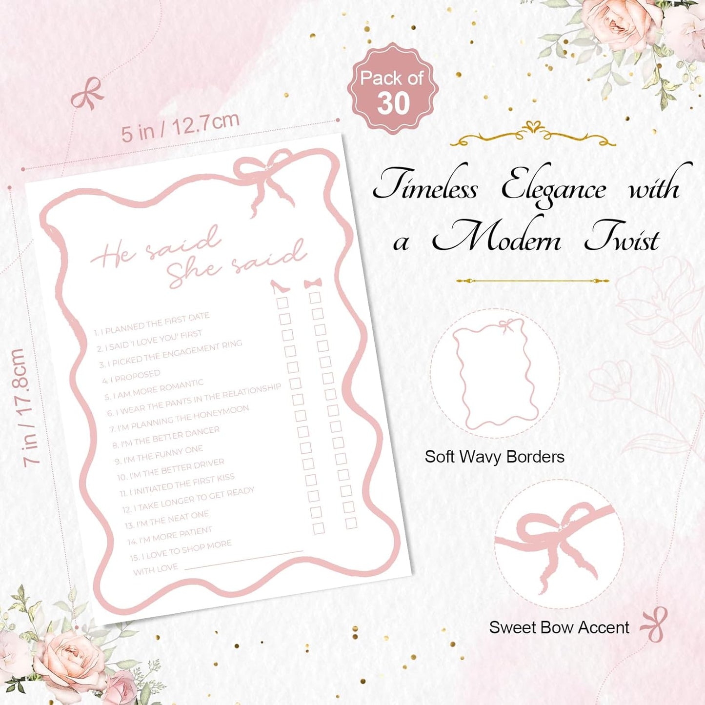 DEEKA 30 PCS Bridal Shower Games Card for 30 Guests White Pink Wavy Border Ribbon Bow Funny Wedding Bachelorette Party Games for Reception (He Said She Said)