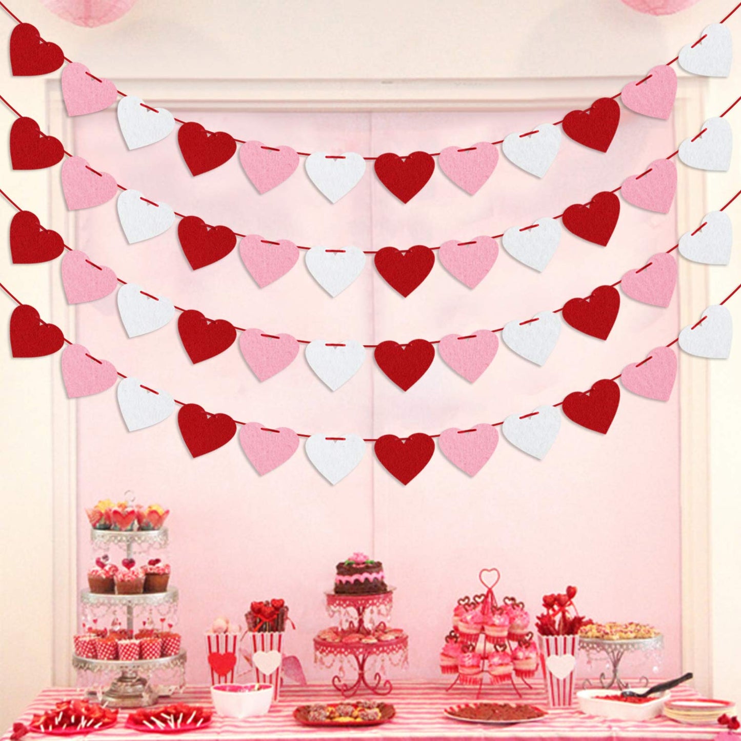 Felt Heart Garland Banner, Pre-Strung | Valentines Decorations | Red Pink White Valentines Banner |