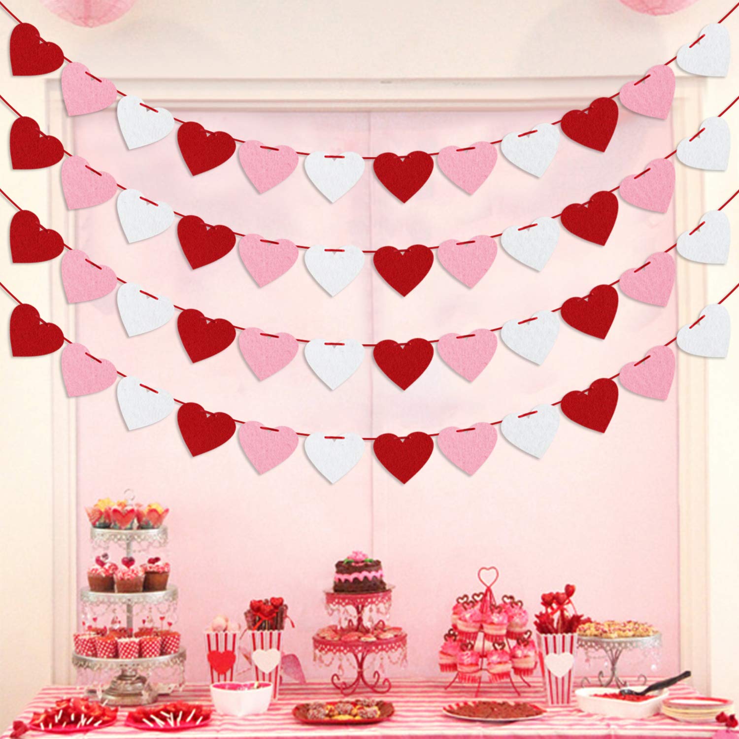 Felt Heart Garland Banner, Pre-Strung | Valentines Decorations | Red Pink White Valentines Banner |