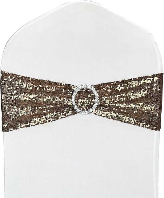 10 Pcs Sequin Chair Sashes Stretch Chair Bands Spandex Polyester Bows for Party Hotel Wedding Banquets Decoration - Coffee