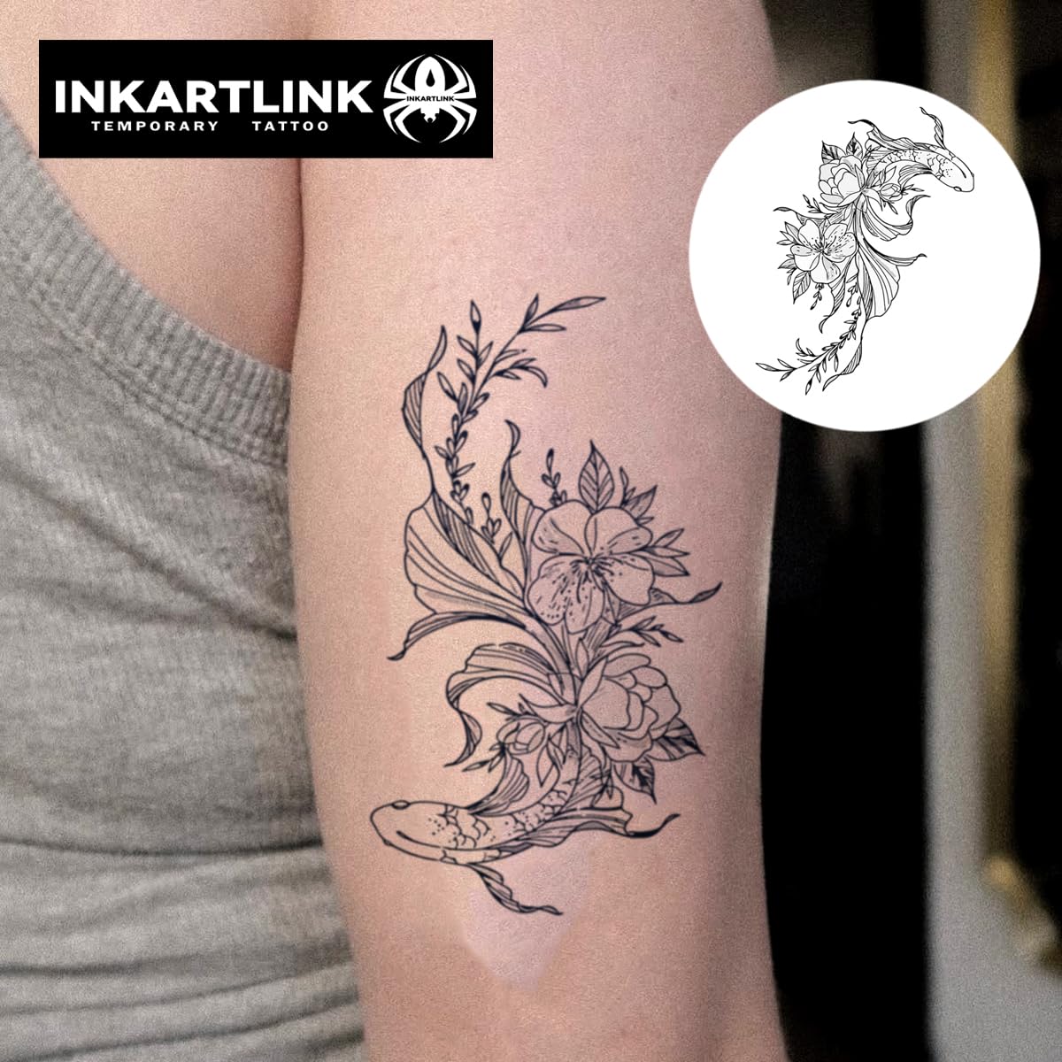 INKARTLINK Tattoo Tech, 2 Sheets Medium Semi Permanent Tattoo, Adult Art Design Temporary Tattoos, Lasts 1-2 Weeks, Waterproof, Realistic Look, No Adhesive, No Reflection (Lucky Fish Design)