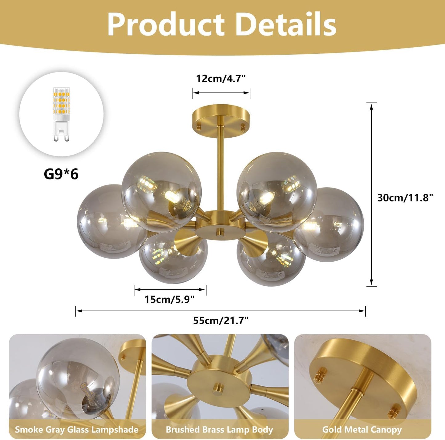 KCO 6-Lights Mid Century Modern Globe Ceiling Light Gold Sputnik Chandelier Smoke Gray Glass, Home Office