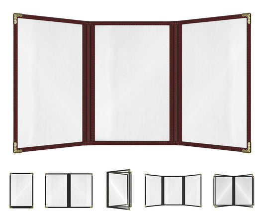 Goodsmart Restaurant Menu Covers – Burgundy, 25 Pack, 6-View Trifold 5.5" x 8.5", Side-Loading Vinyl & Plastic Menu Holders, Clear Menu Sleeves, Leather-Style Café Covers with Gold Corners
