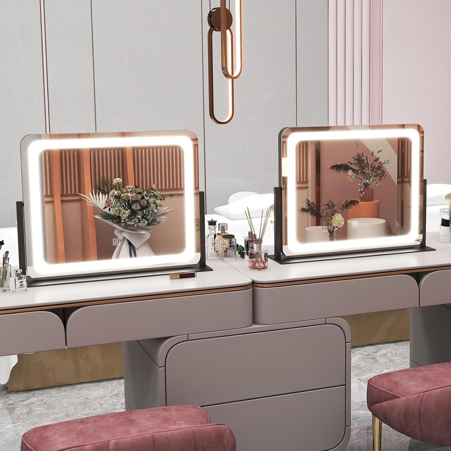 22x17 Inch Lighted Vanity Mirror with Dimmable LED Lights - 3 Color Modes, Smart Touch Control & 360° Rotating Base - Desk Makeup Mirror (Black)