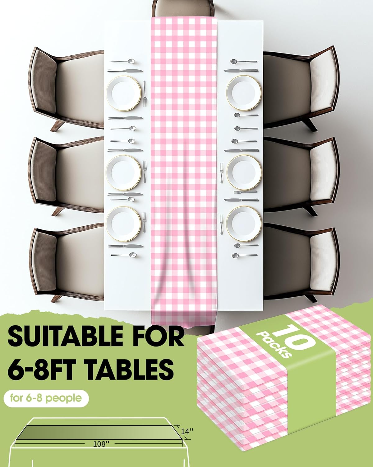 Pureegg Gingham Plastic Table Runners - 10 Pack, 14'' x 108'', Water Resistant & Disposable Plaid Centerpiece Decorations for Table Cloth, Birthday, Holiday, Party, Pink and White Checkered Home Decor