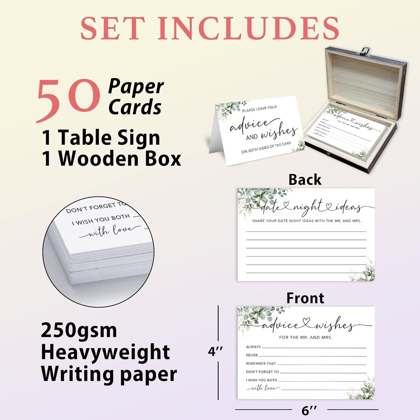 50 Pcs Advice and Wishes for the Mr and Mrs Cards in Box - Bridal Shower Guest Book - Perfect for Newlywed Games, Reception Decor, Engagement Parties & Anniversary Wishes(Greenery) - B04