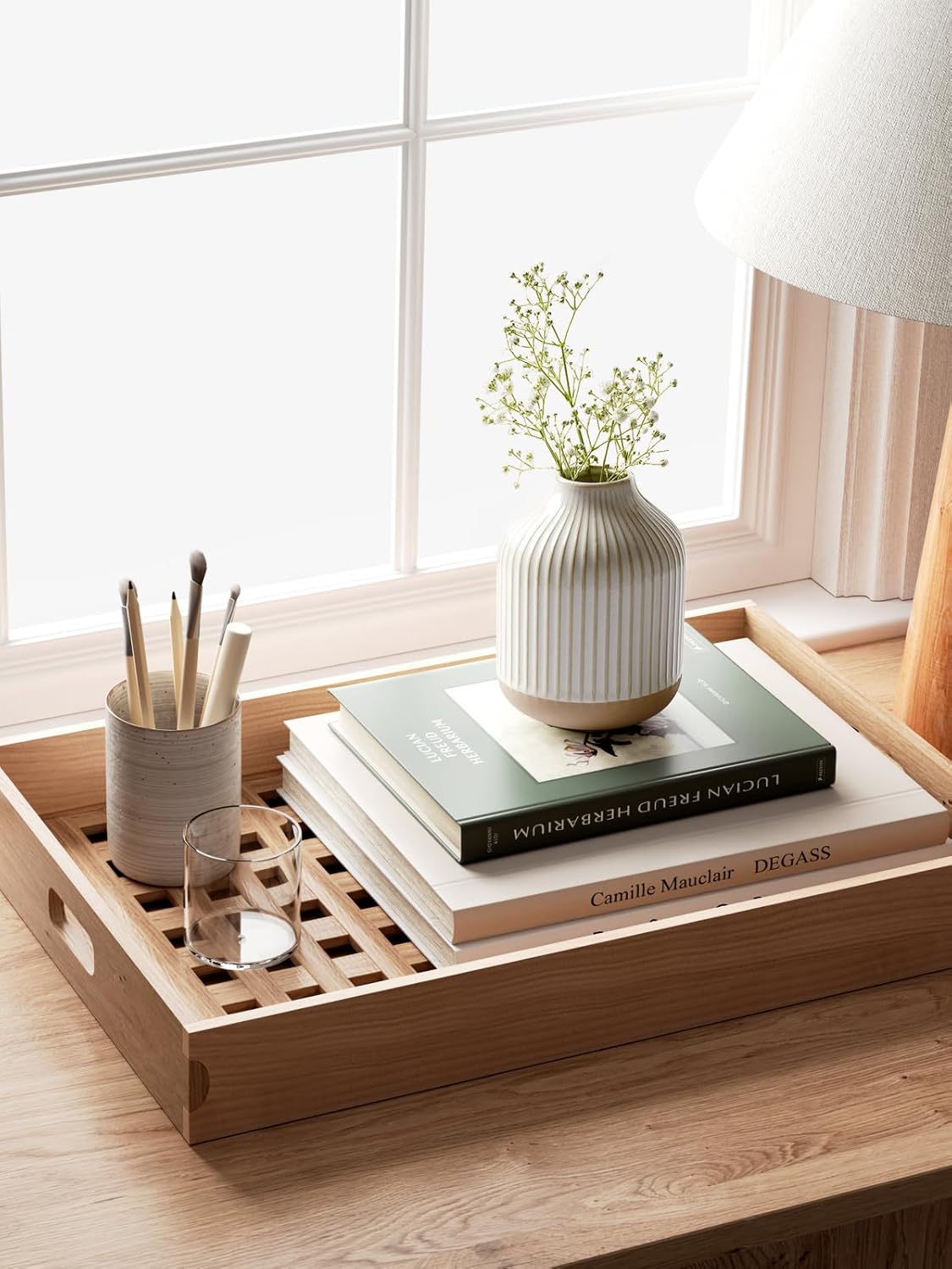 Boho Farmhouse Small Ceramic Vase for Pampas Grass & Flowers - 5.3 Inch Rustic White Vase, Centerpiece for Eucalyptus, Tiny Stems & Bouquets with Embossed Lines