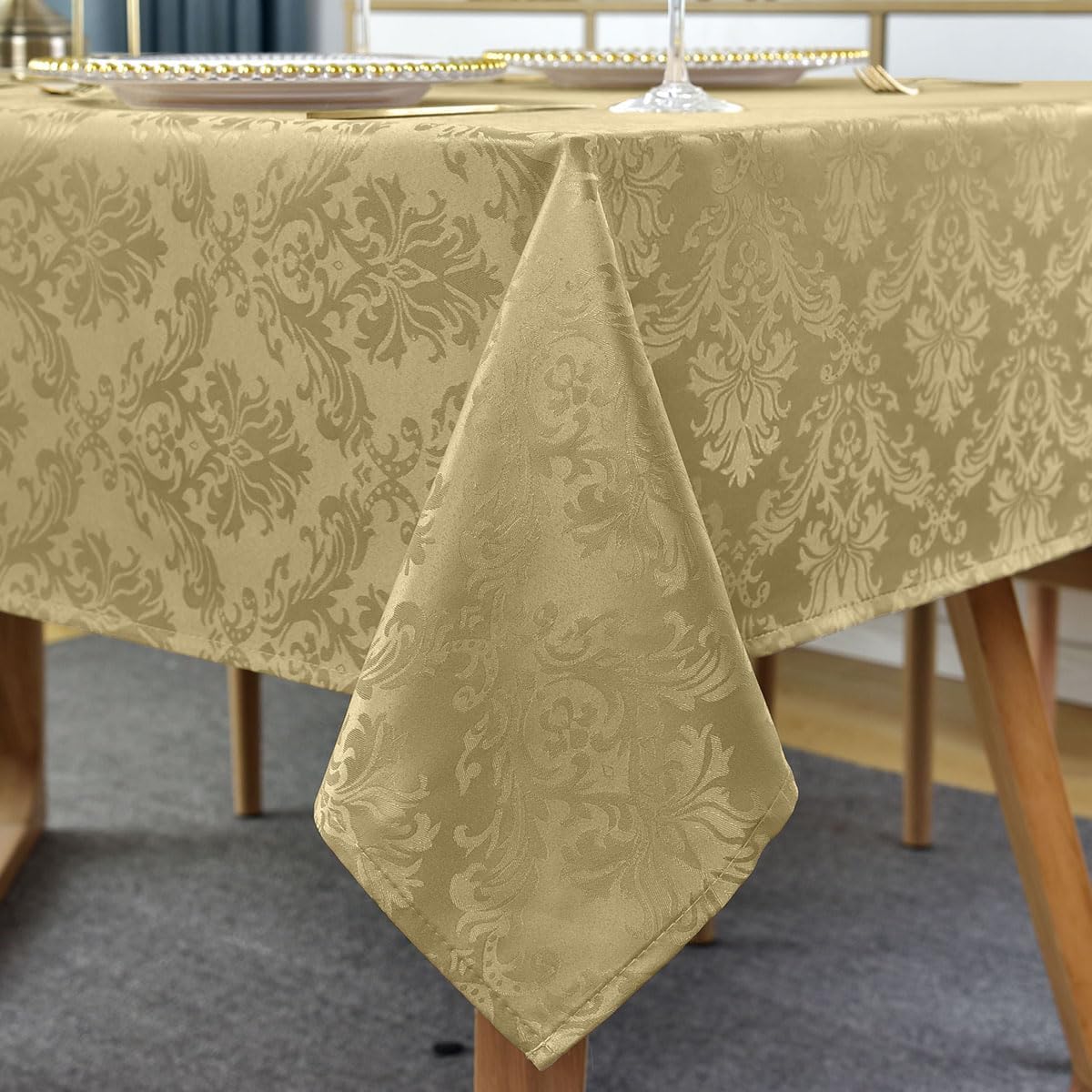 SASTYBALE Jacquard Tablecloth Square 52 x 52 Inch, Spill Proof Wrinkle Free Damask Table Cloth, Polyester Fabric Table Cover for Dining, Party, Indoor, Outdoor, Gold