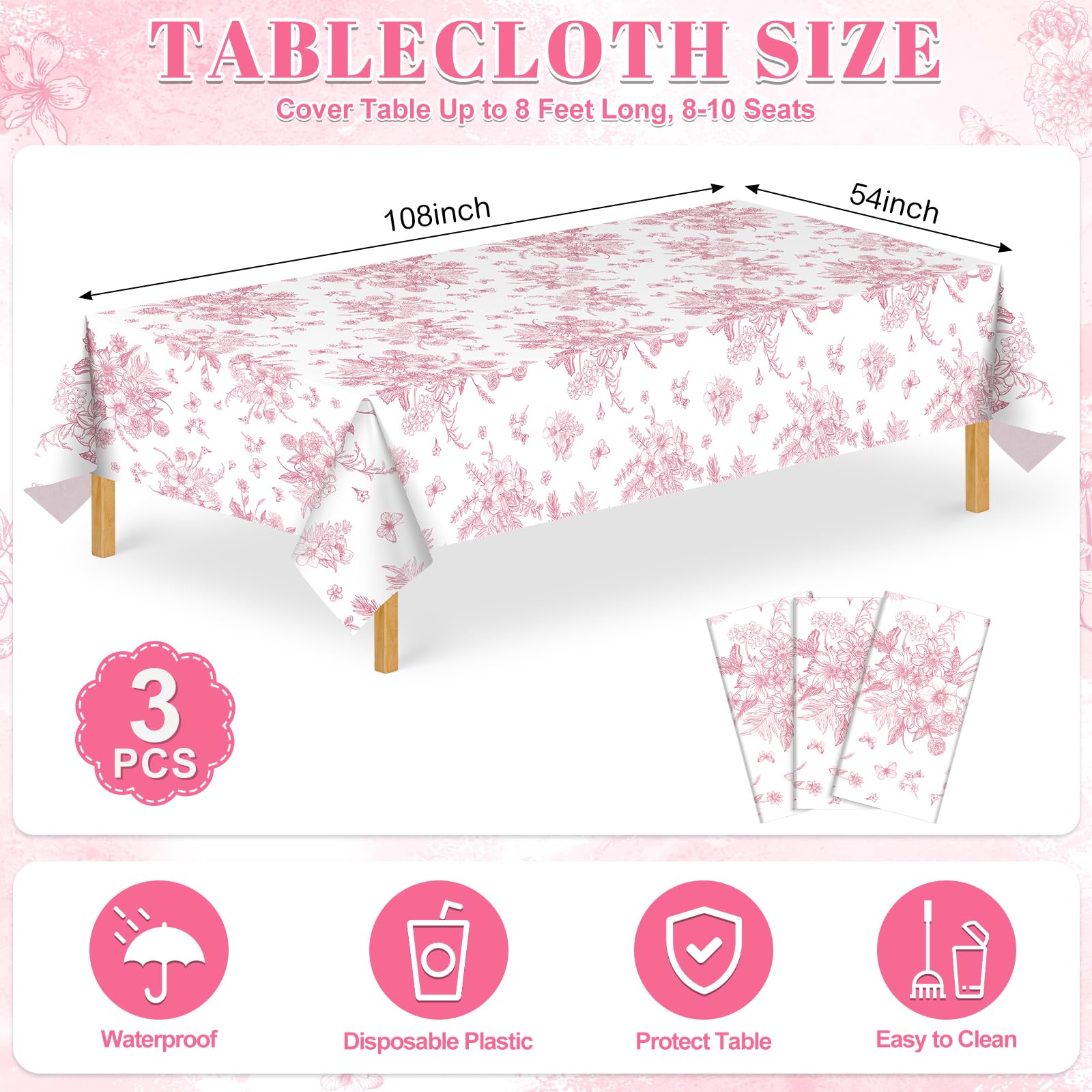 3 Pcs Pink Floral Plastic Tablecloths, Disposable Wedding Table Cloth