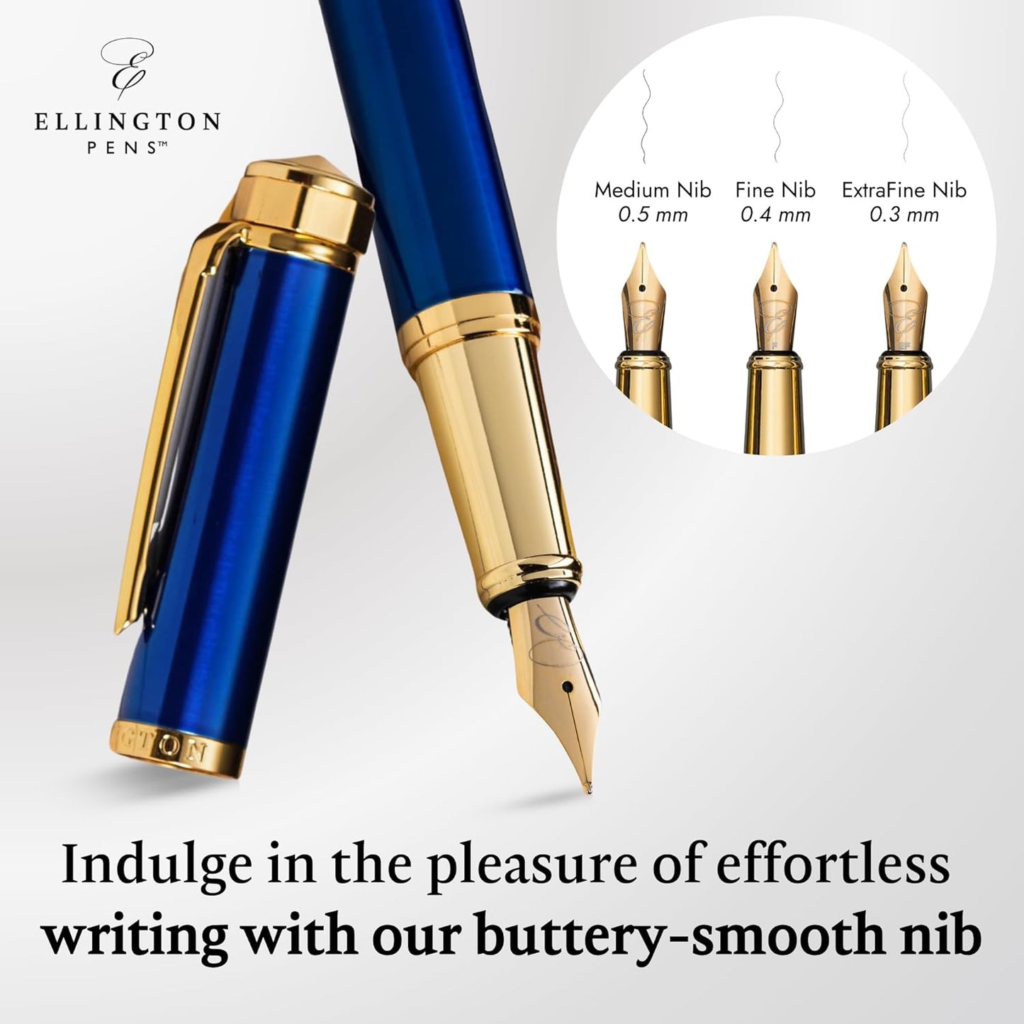 Ellington Pens Luxury Fountain Pen Set- Fountain Pens for Writing - Smooth Fine Nib - Includes Refillable Ink Converter, 3 Ink Cartridges [Black & Blue], Gift Box - Elegant Calligraphy