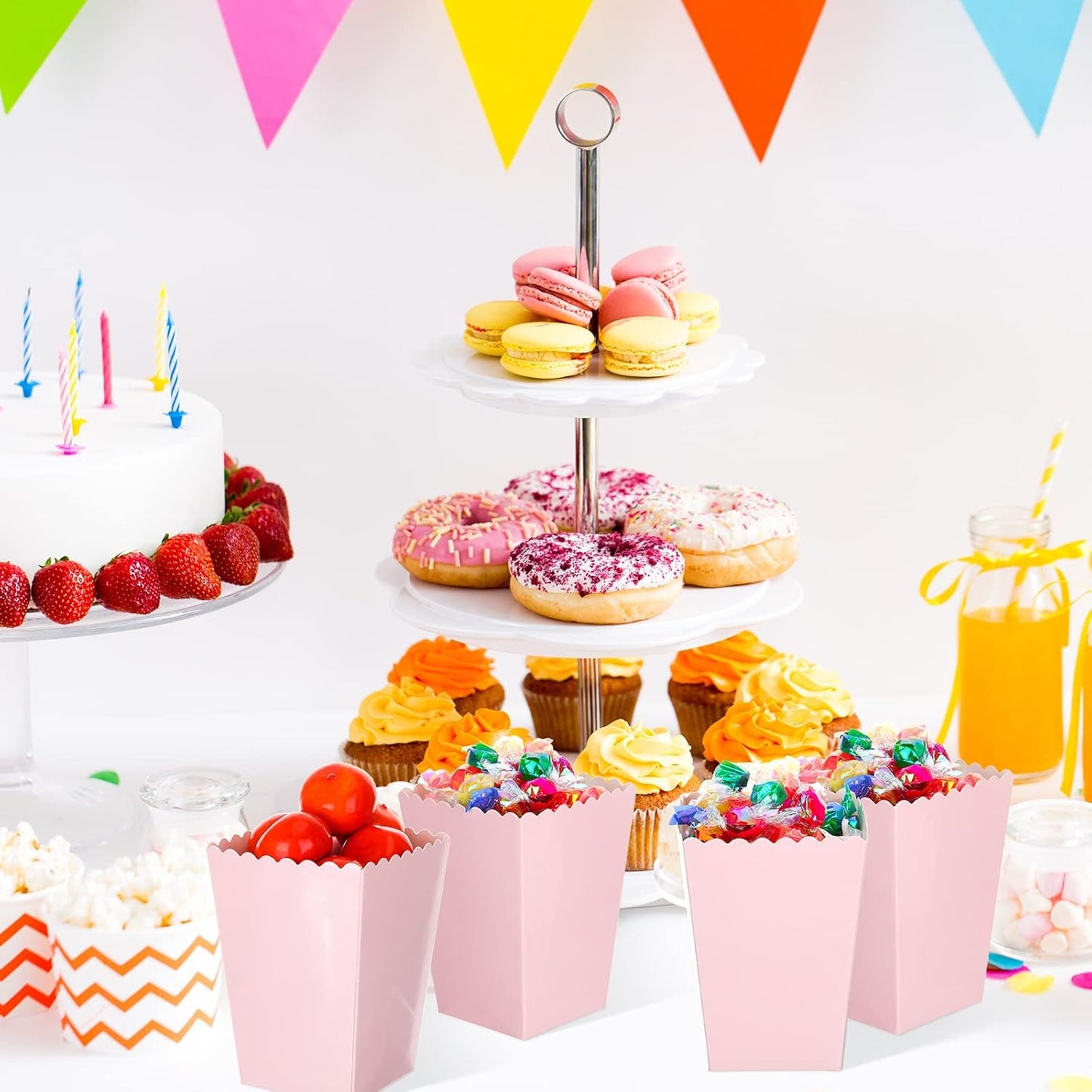 200 Pcs Popcorn Boxes Mini Paper Popcorn Box Cardboard Popcorn Container for Party Disposable Snack Candy Popcorn Bags Popcorn Holder for Birthday Wedding, 2.2 x 4.2 x 3 In (Pink, Simple)