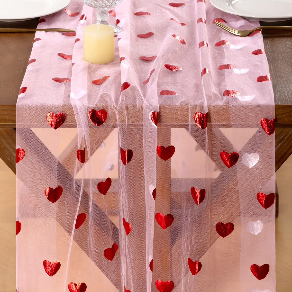 Gold Gauze Table Runner Red Heart Sheer Romantic Wedding Party Table Decor