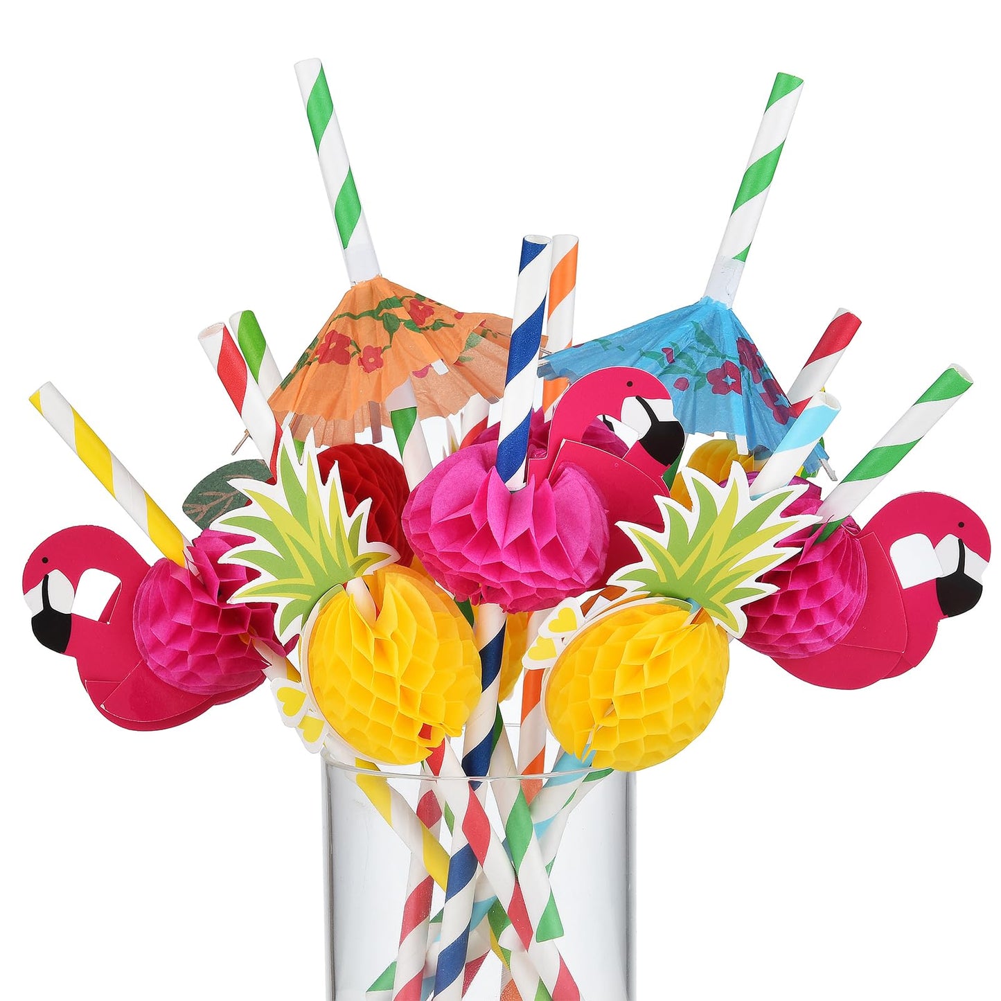 Haundry 100PCS Luau Party Cocktail Straws, 3D Honeycomb Flamingo Fruit Umbrella Paper Straws with