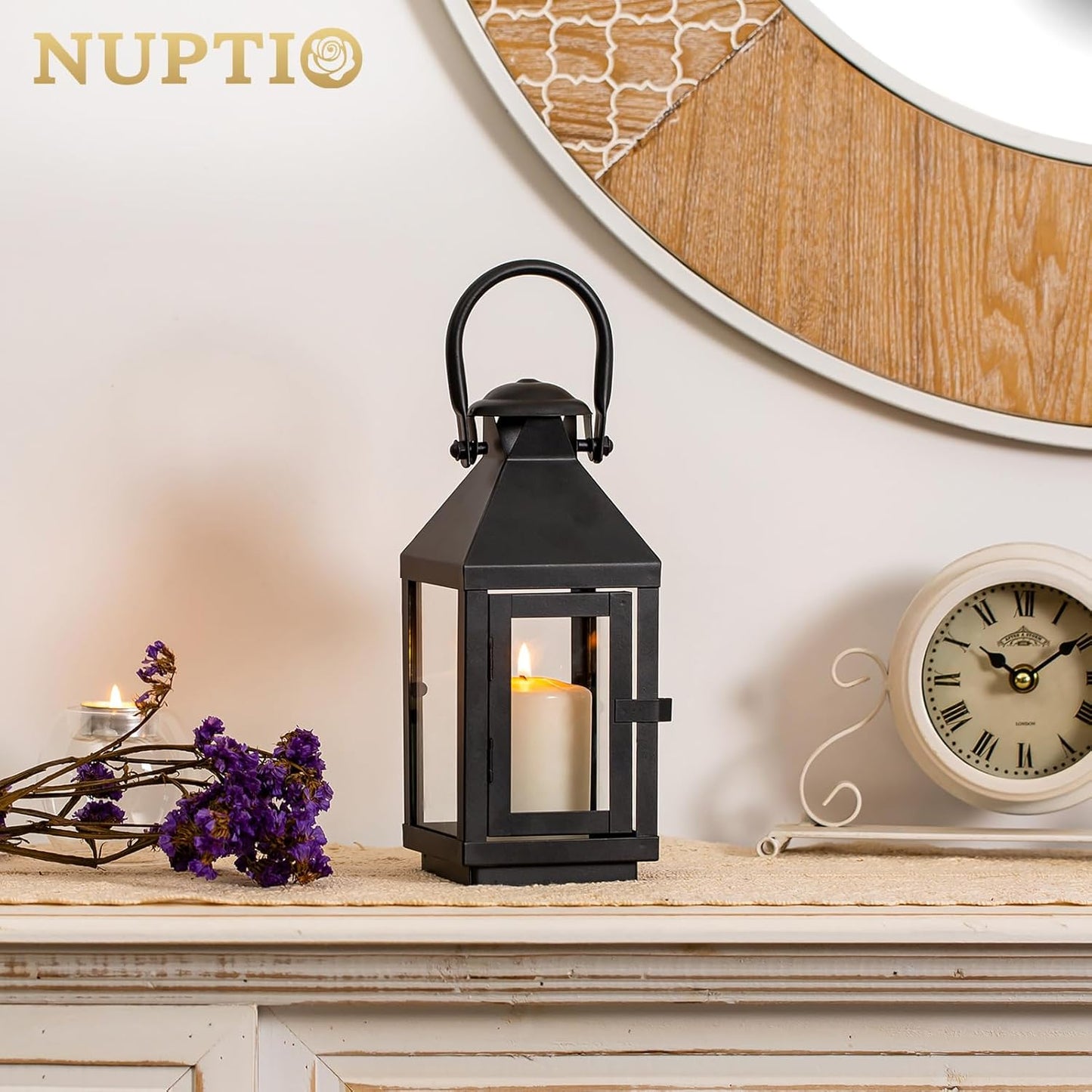 Nuptio Garden Lanterns for Pillar Candles Tall Vintage Style Metal Candle Holder Halloween Hanging Decorative Lantern for Wedding Christmas Parties Indoor Outdoor 8.7in