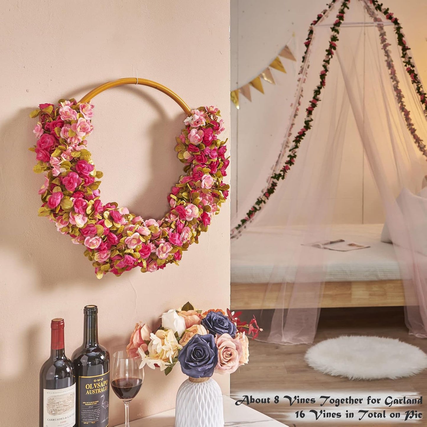 6 Pcs x 8.2 ft Flower Garland Artificial Rose Vine Flowers with Green Leaves Hanging Fake Roses Vine for Room Party Home Wedding Birthday Christmas Wall Arch Decor, Fall Purple Flower