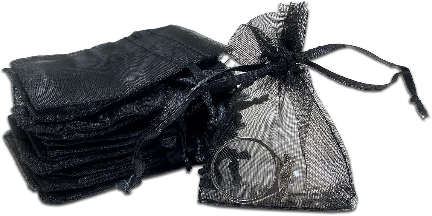 TheDisplayGuys 48-Pack 2" x 2-3/4" Black Sheer Organza Gift Bags with Drawstring, Goodie Bags for Jewelry, Candy Bags, Treat Bags, Wedding Favors Small Mesh Bags