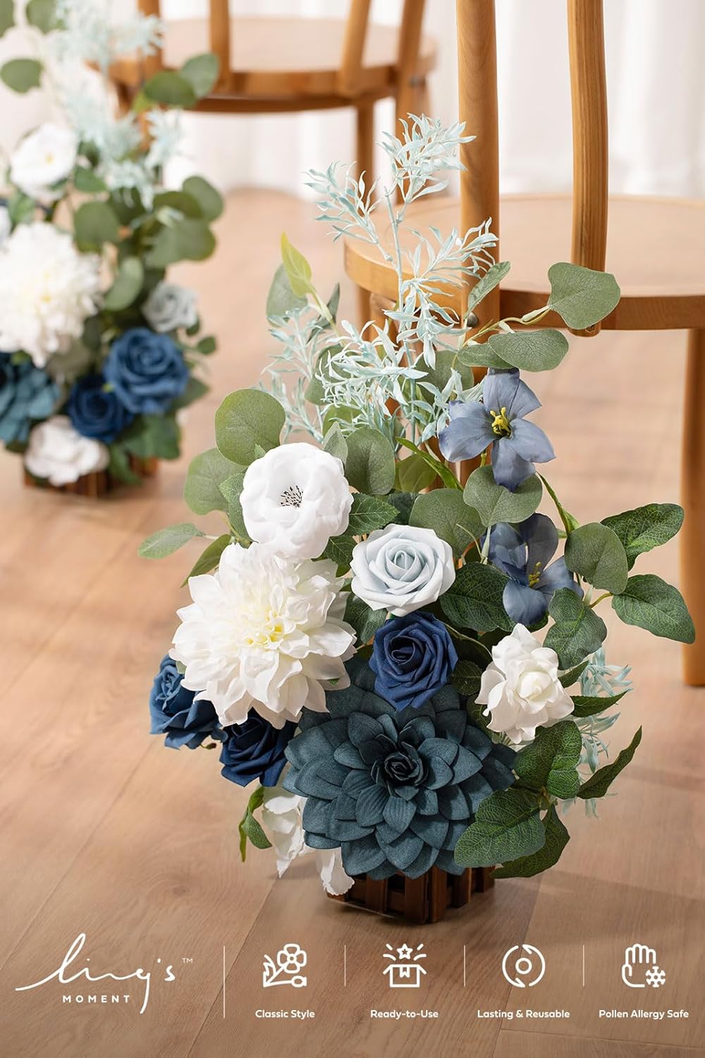 Ling's Moment 17.5" Tall Standing Artificial Flowers Arrangements 4 pcs Wedding Aisle Runner Chair Decorations Dusty Blue Navy Centerpieces for Ceremony Reception Rose Floral Party Outdoor
