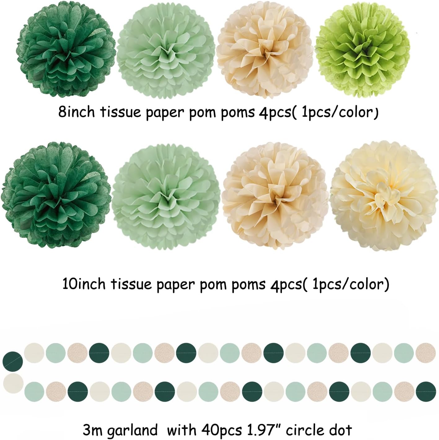 Sage-Olive Green Champagne-Gold Party Decorations - 30pcs Rustic Boho Wedding Paper Tissue Pom Poms Streamers,Tassel Garland Banner,Birthday Baby Bridal Shower Engagement Decor Lasting Surprise