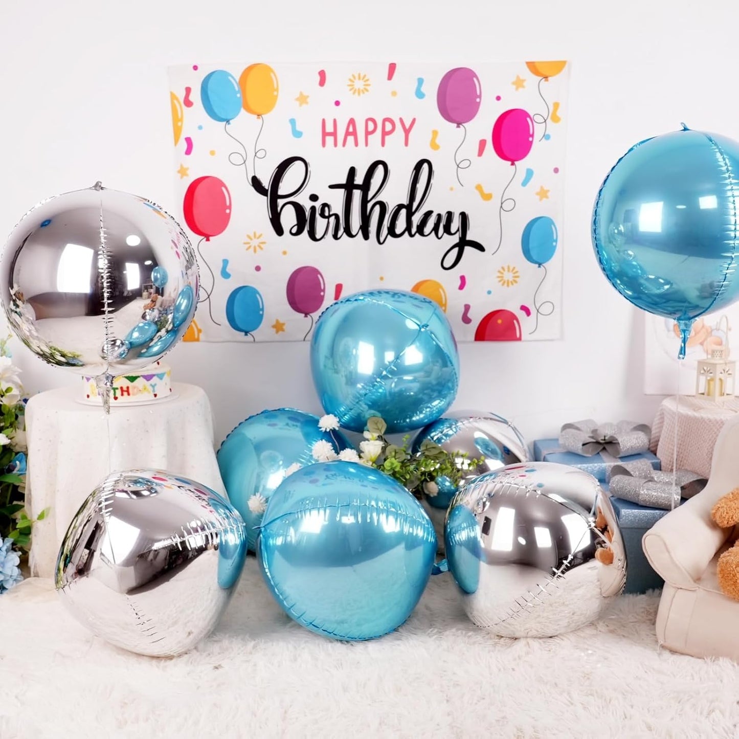6Pcs Blue Silver Round Foil Balloons, 22inch 4D Metallic Silver Blue Balloons, Large Round Foil Ball Balloon for Boys Men Birthday Graduation Wedding Anniversary Party Backdrop Decoration