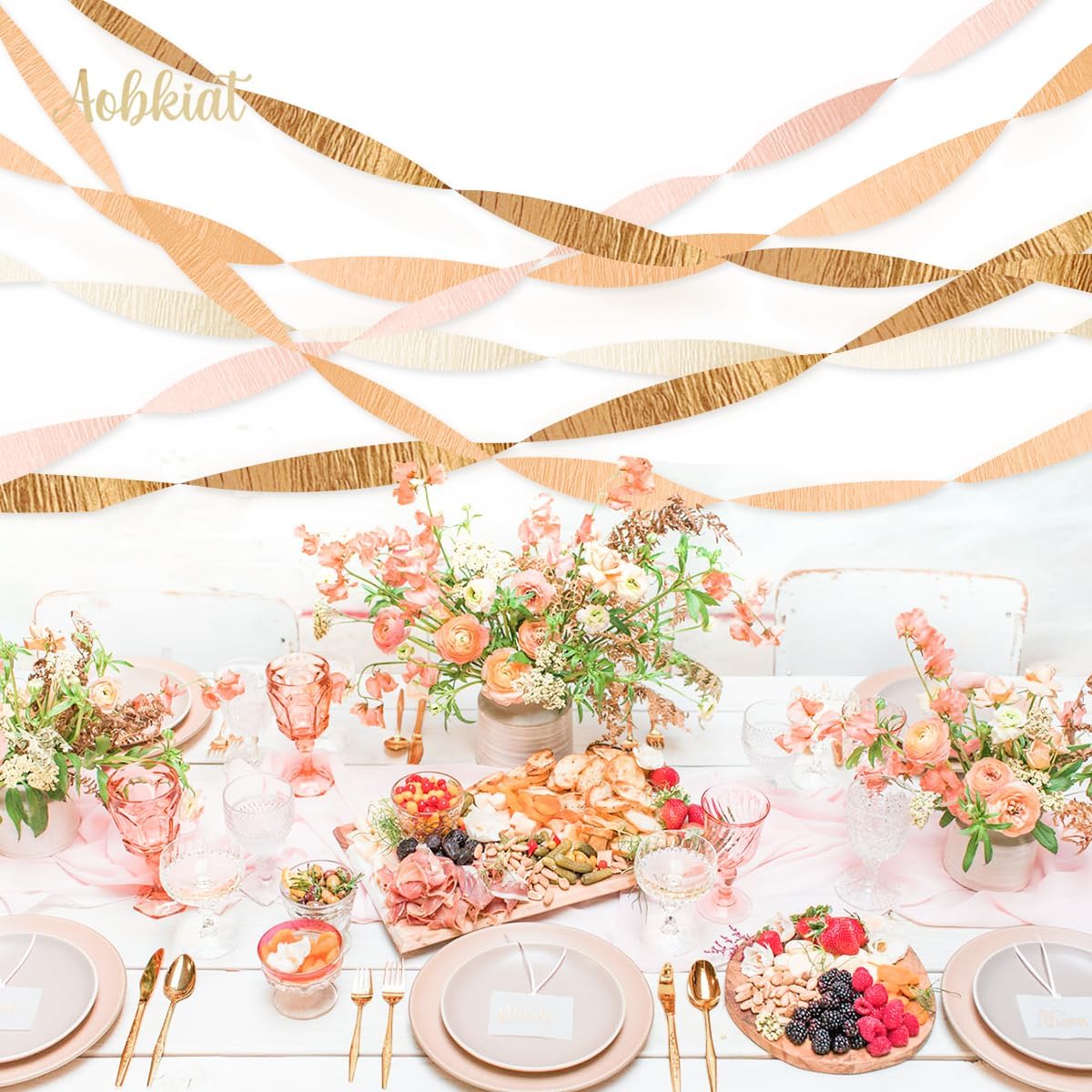 AOBKIAT Wedding Decor Gold Pink Orange Gold Crepe Paper 8 PCS Streamers Party Decorations for Wedding,Bachelorette,Birthday,Bridal Baby Shower,Anniversary Party Backdrop