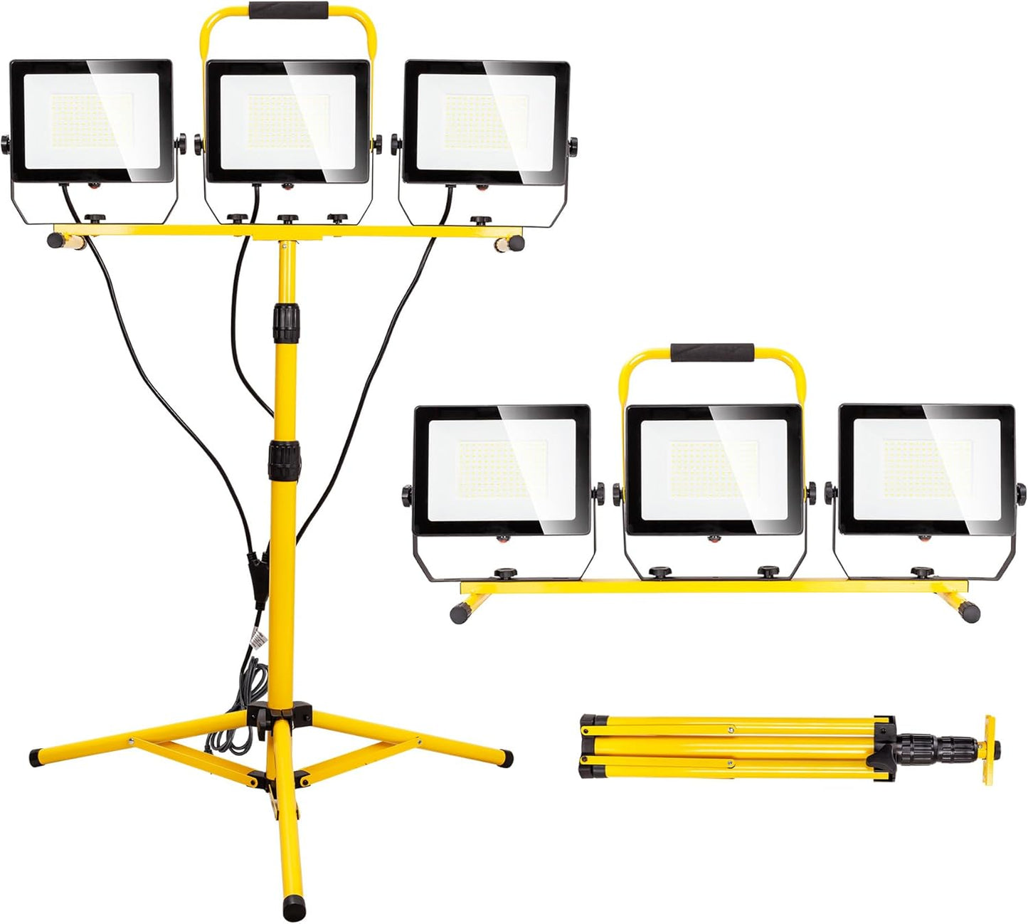 30000 Lumen Work Lights with Stand, 300W Three Head LED Work Light, Waterproof Lamp with Individual Switch, Adjustable Metal Telescoping Tripod