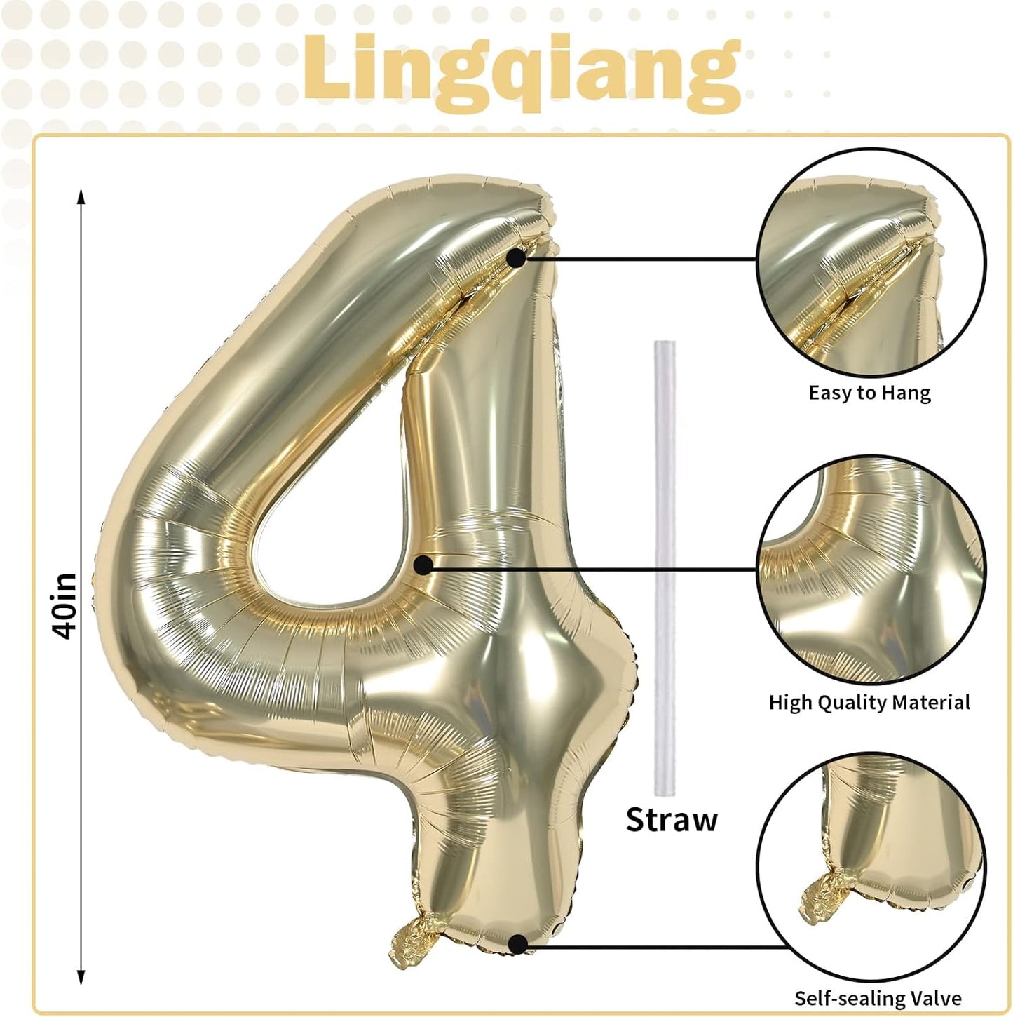 Champagne Gold Foil Balloon Number 4, 40'' Giant Self Inflating Number Balloons Set 0-9, Large Light Gold Number 4 Helium Balloon for Girls Boys 4th Birthday Anniversary Party Decorations Supplies