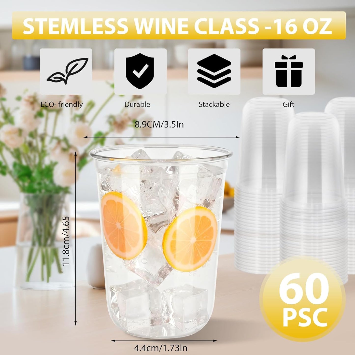 60 Pcs Disposable Stemless Clear Glasses 16 oz NATURAL Arc Crystal Plastic wine glasses Clear Classic Pet Cup for Meeting Weddings Birthdays Cocktail Christmas Party Supplies