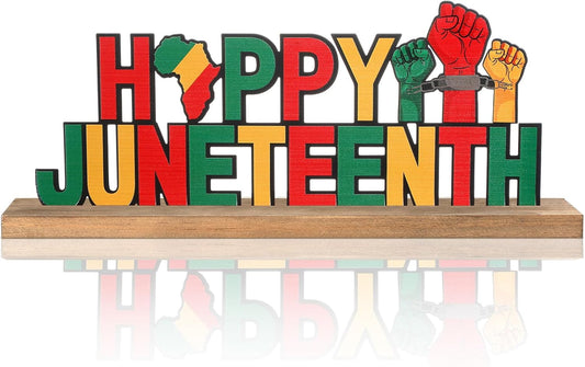 Happy Juneteenth Metal Sign Rustic Table Decor Holiday Tiered Tray Decor with Wooden Base Freestanding Metal Word Sign for Home Tabletop Centerpiece Mantel Shelf Fireplace