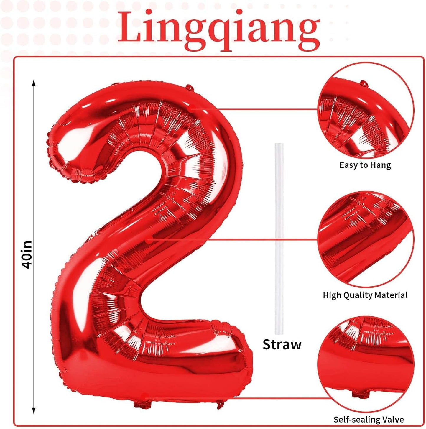 Red 2 Balloons, 40 Inch Giant Helium Foil Number 0-9 for Girls Boys, Self Inflating Digit 2nd Birthday Balloon for Women Men Anniversary Baby Shower New Year Engagement Party Decorations Supplies
