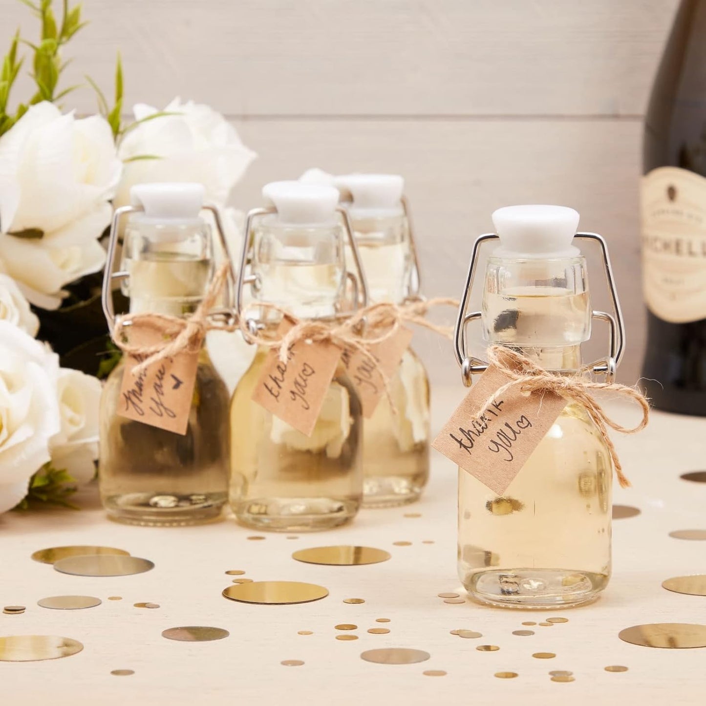 BLUE PANDA Mini Glass Bottles Swing Top - 15 Pack 2 Oz/60 ml Blue & White - Kraft Tags & Jute Twine Included - Wedding Favor Glass Bottles & DIY Jars