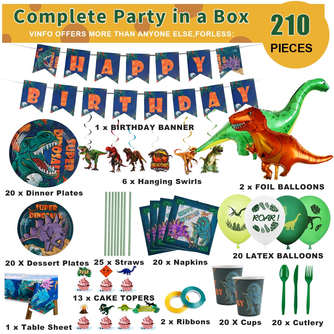 Dinosaur Birthday Party Supplies Kit For Boys, Dinosaur Party Decorations-20 Guest-Include Dino