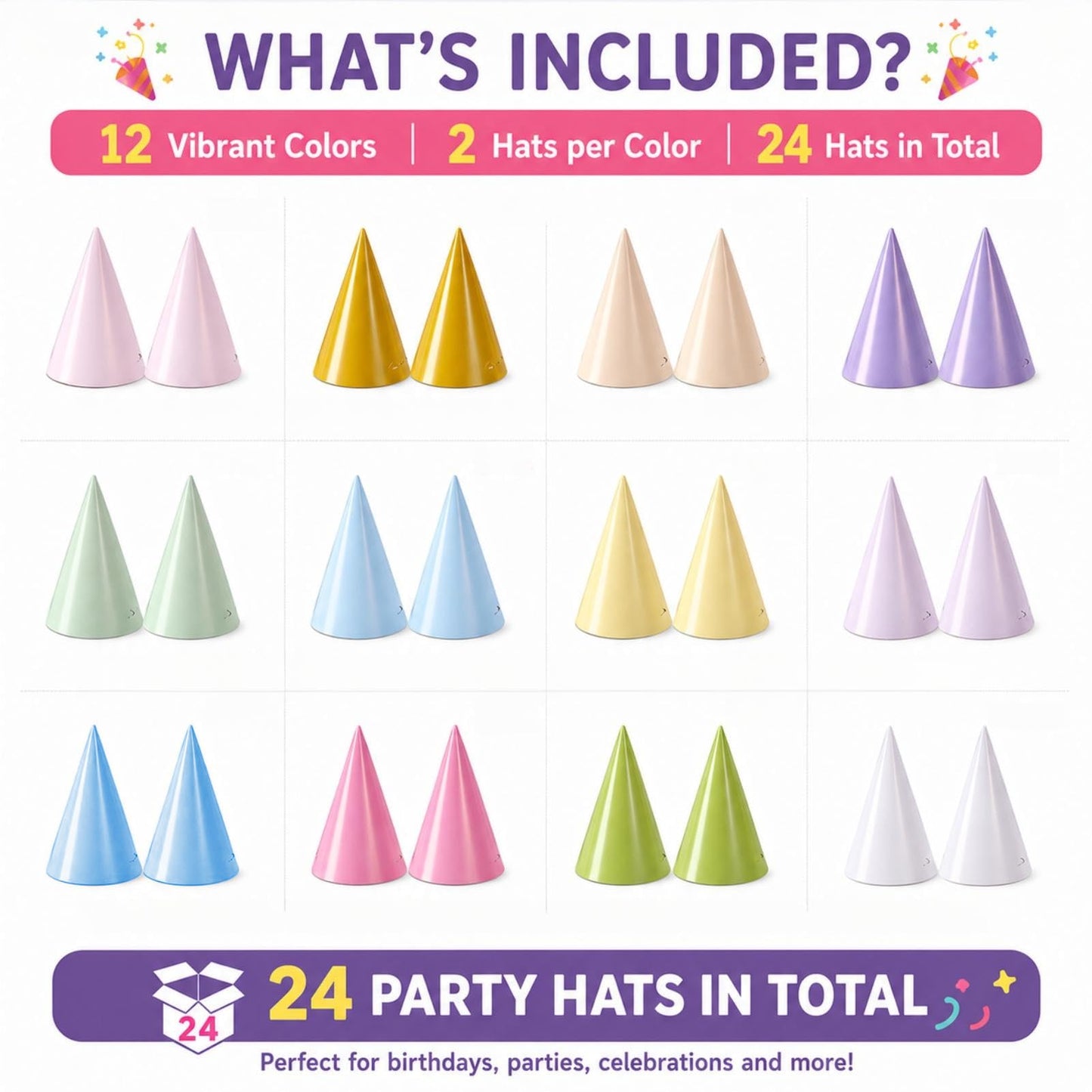 Fvumhlaoog 24PCS Pre-Assembled Rainbow Party Hats for Adults & Parties