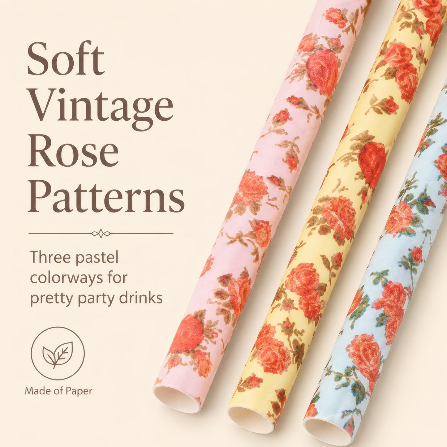ALINK Floral Paper Straws 100 Count, 7.75 Inch Vintage Rose Disposable Drinking Straws, Decorative
