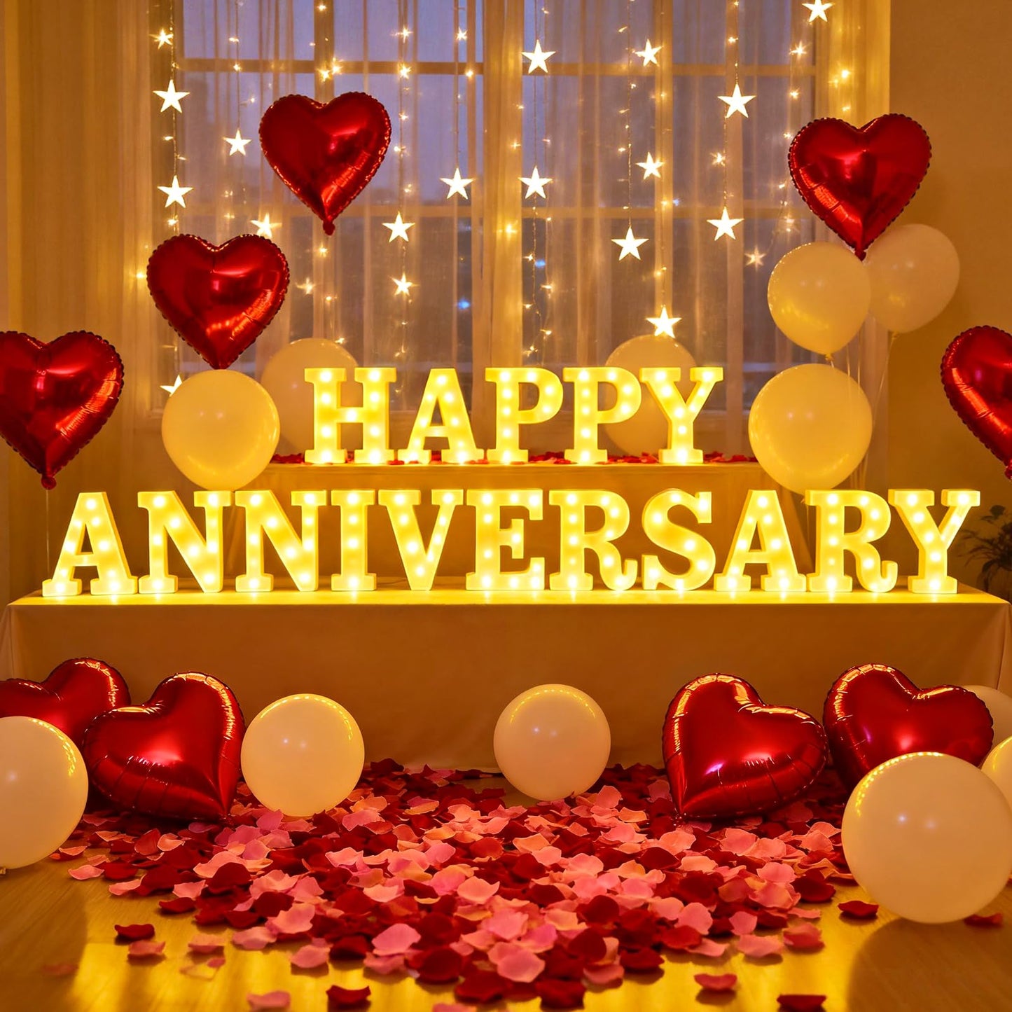 Peledic Happy Anniversary Decorations, Light up Letters Sign, with Rose Petals, Round Pearlescent