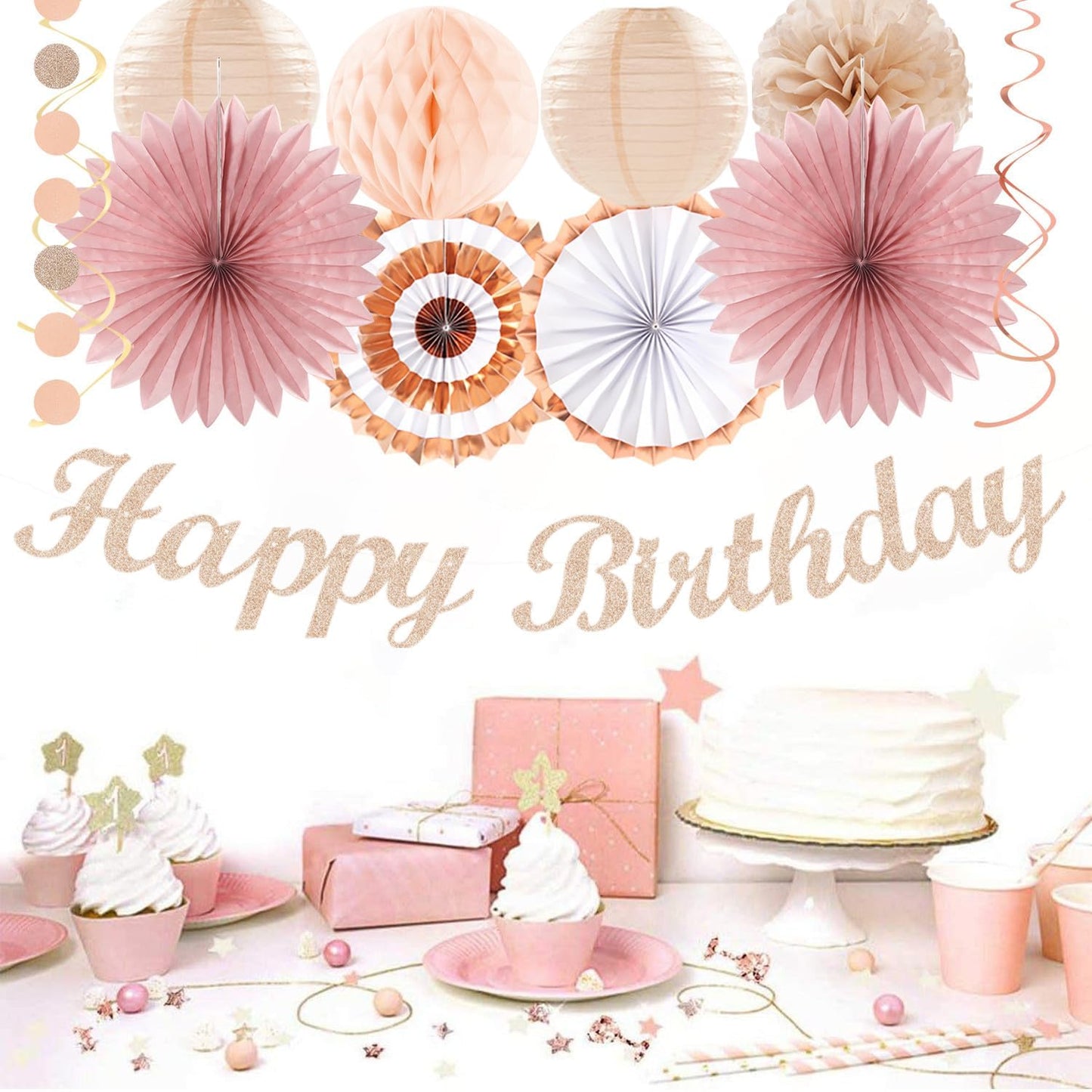 Blush-Pink Rose-Gold Fall Birthday Party-Decorations - 21pcs Boho Happy Banner Sign,Women Paper Lanterns Honeycomb,One Sweet Peach Streamers Garland,Girl Tissue Pom Poms Flowers Fans Decor Burgleda