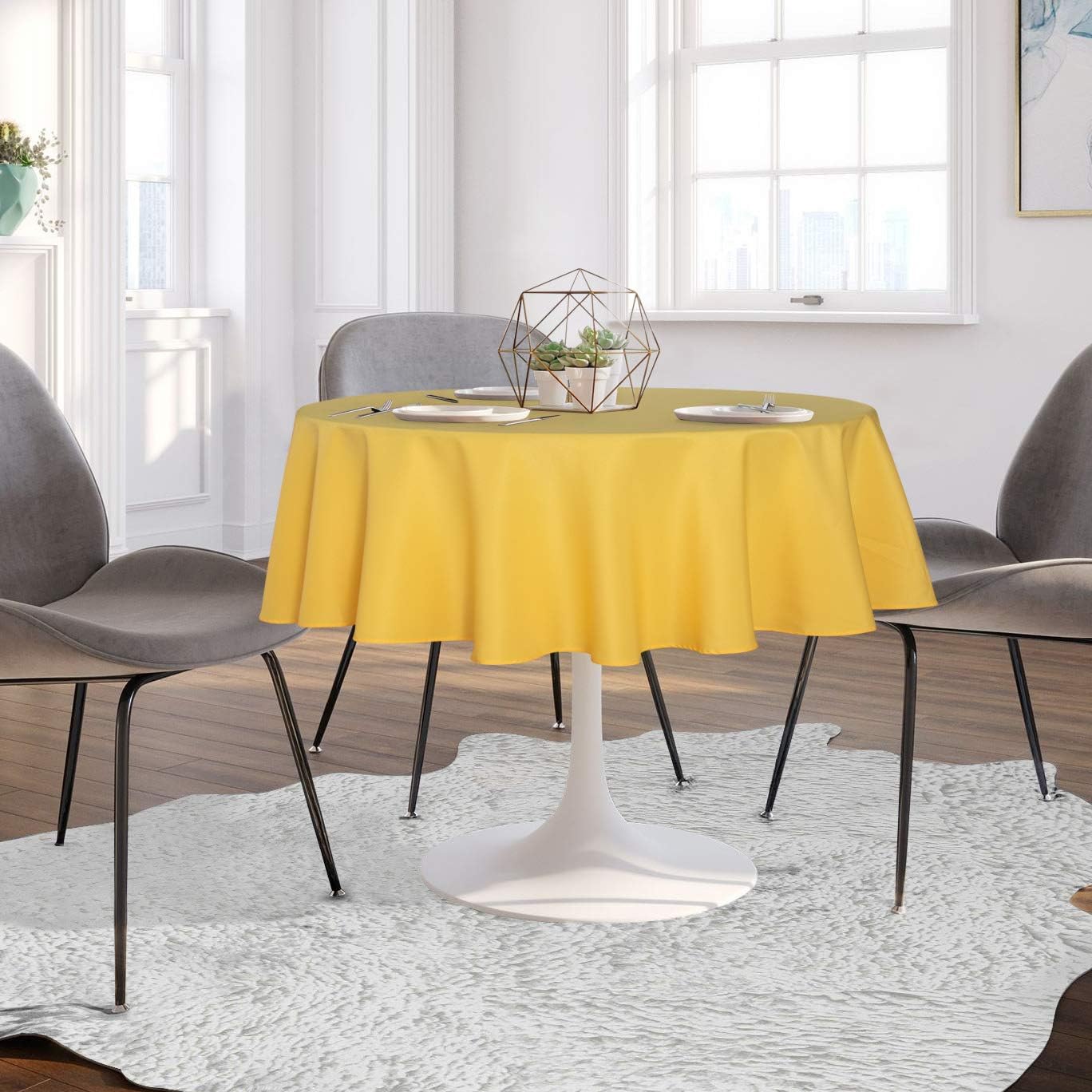 sancua Round Tablecloth - 48 Inch - Water Resistant Spill Proof Washable Polyester Table Cloth Decorative Fabric Table Cover for Dining Tables, Buffet Parties and Camping, Yellow