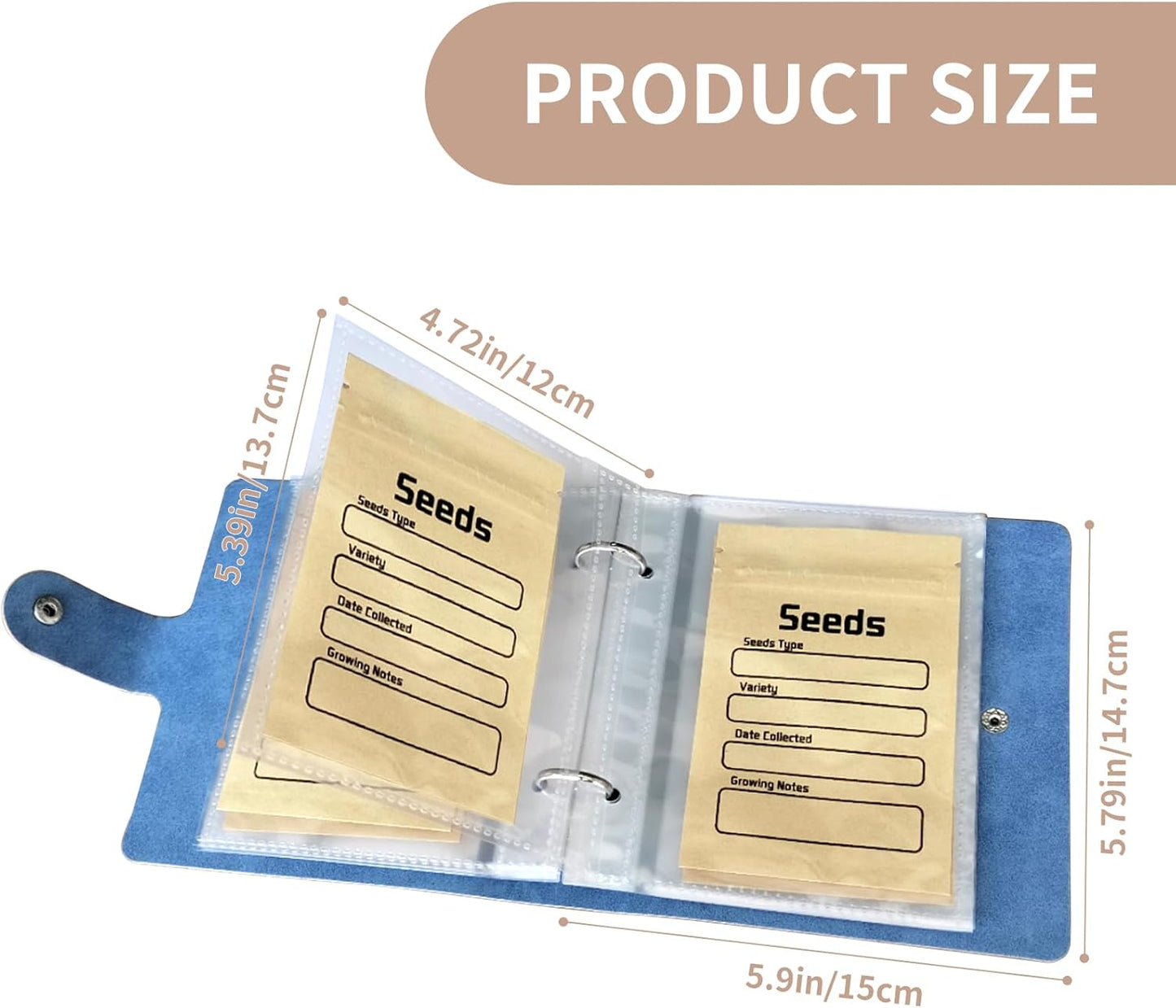 coutnier Seed Organizer Binder with 50 PCS Resealable Seed Envelopes - 50 Storage Pockets, 3.5x5 Inch Clear Sleeves, Seed Saver for Garden Lover - Blue