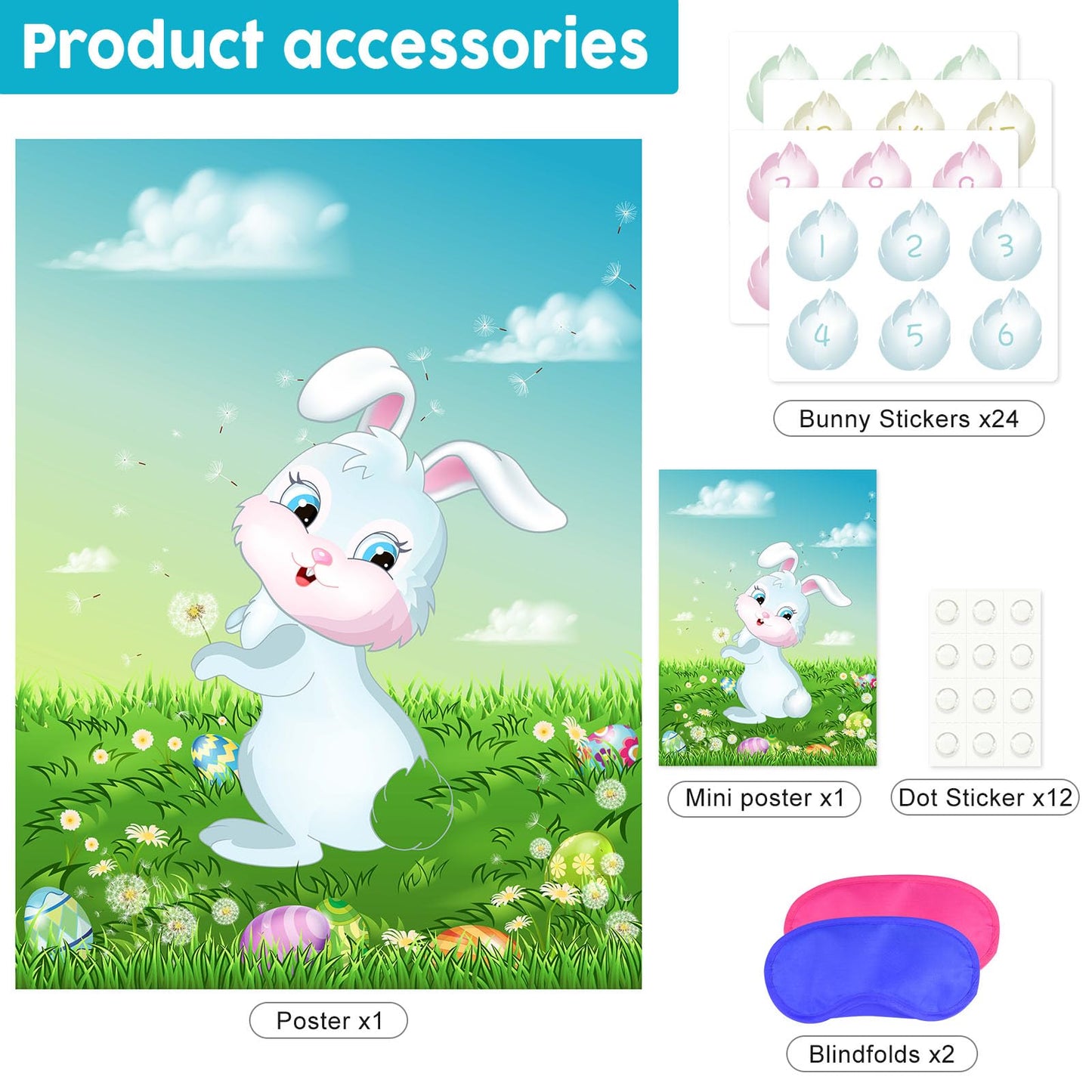 ASTARON Pin The Tail on The Bunny Game for Birthday Party, Easter Party Game with 24 pcs Tail