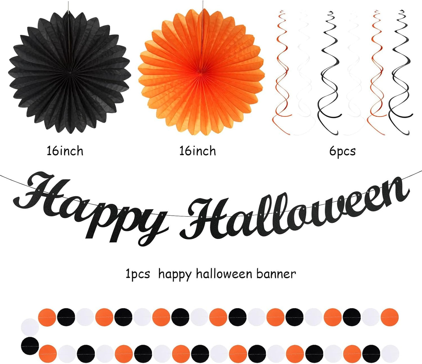Black-White Orange Happy-Halloween Party-Decorations - 21pcs Birthday Banner,Paper Lanterns Honeycomb,Tissue Pom Poms Flower Fan,Kids Classroom Hanging Streamers Garland Decor Supplies Huglony