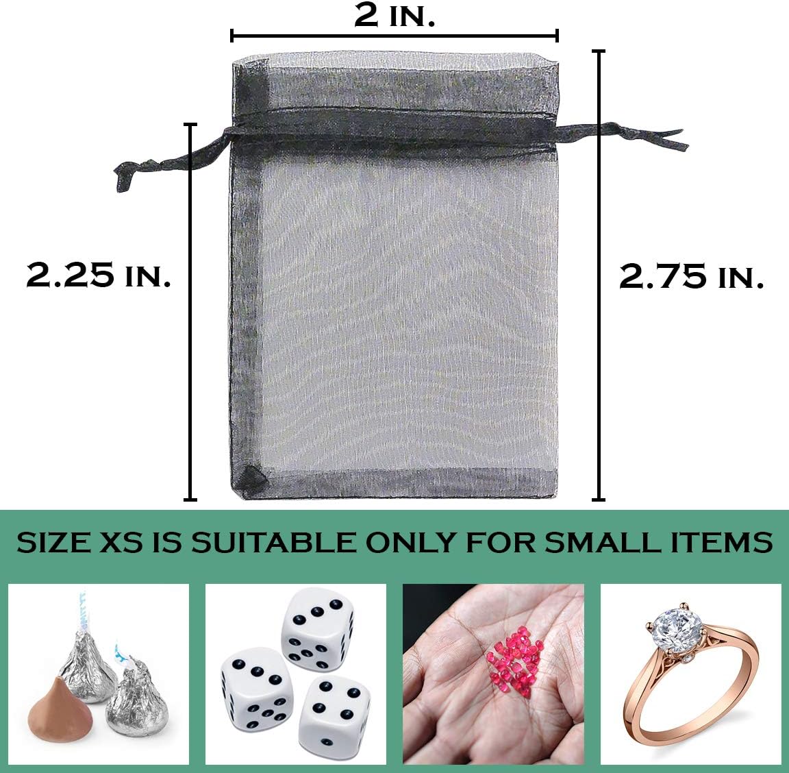 TheDisplayGuys 100-Pack XS 2x2 3/4" Black Sheer Organza Gift & Goodie Bags with Drawstring for Jewelry, Candy, Treat & Wedding Favors