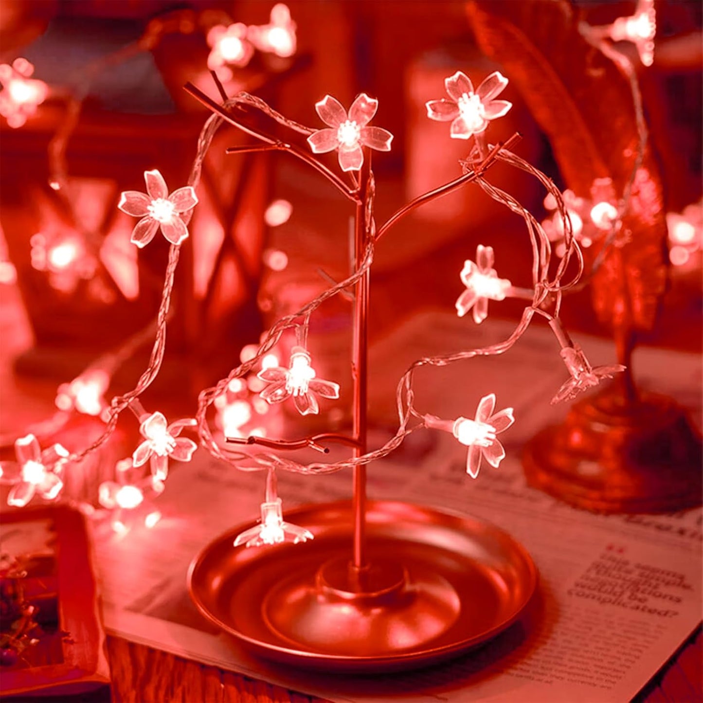Battery Lighted & USB Plug in Fairy Flower String Lights, 10ft 30 LED Cute Cherry Blossom Lights with Timer Indoor Bedroom Party Wedding Christmas Easter Tree Branch Hanging Decorations (Red)