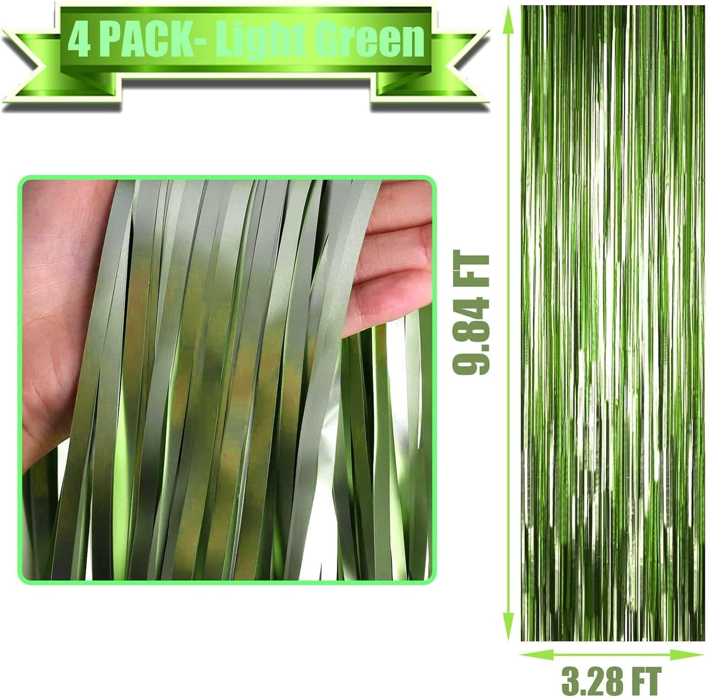 4 Pack Light Green Foil Fringe Curtain Backdrop, 3.28Ft x 9.84Ft Metallic Tinsel Streamers Curtains for Party, Photo Booth Props, Birthday, 2022 Graduation Decoration Supplies