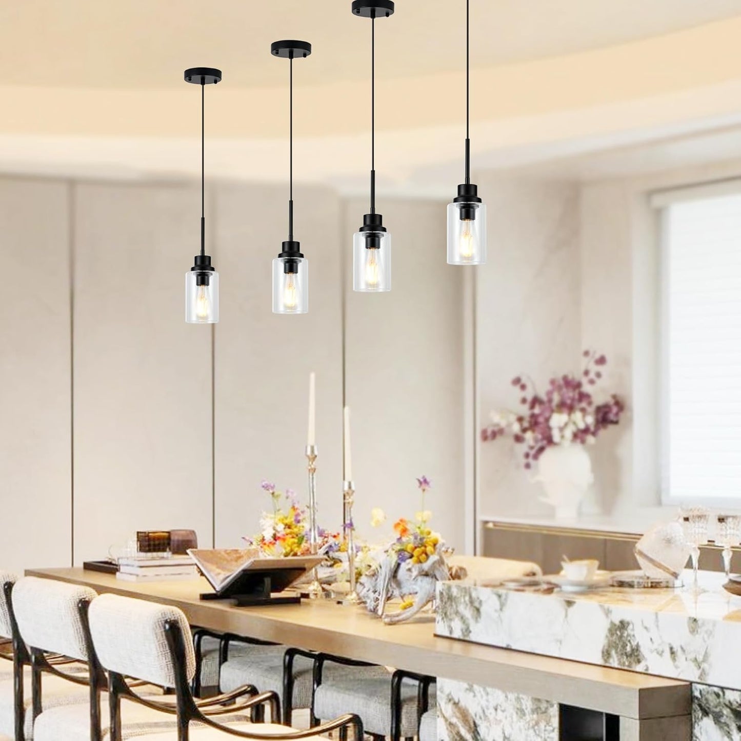 Island Lights for Kitchen,Modern Black Farmhouse Clear Glass Cylinder Pendant Light Fixture,Mini Pendant Lighting for Kitchen Island