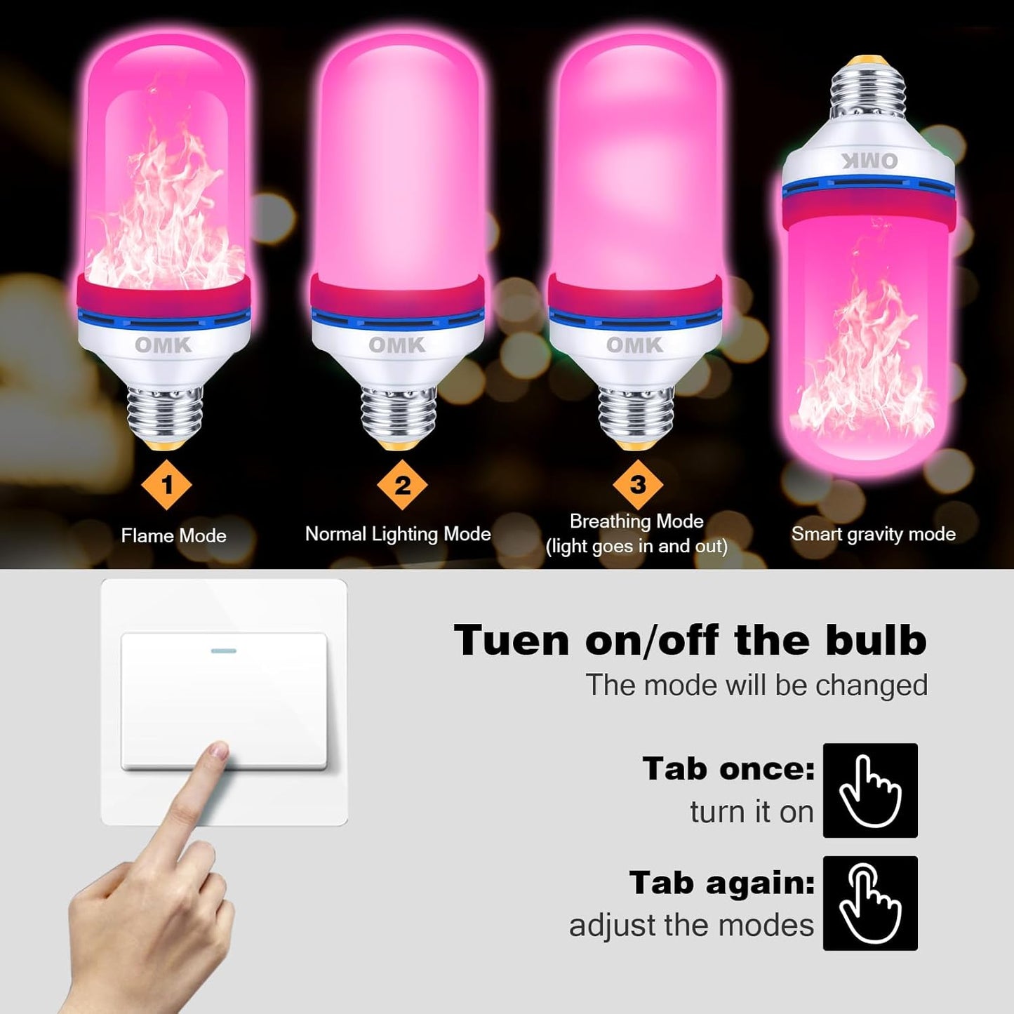 OMK Upgraded Pink LED Flame Light Bulb - Flickering E26 Base With Gravity Sensing for Indoor Outdoor Use, Holiday Christmas Vintage Flame Decorations