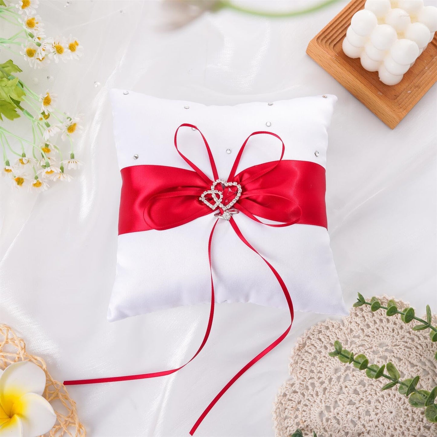 QIRMIZI Ring Pillow, Pearls Ring Cushion, Ring Bearer Holder for Beach Wedding & Ceremony, Proposal - Red