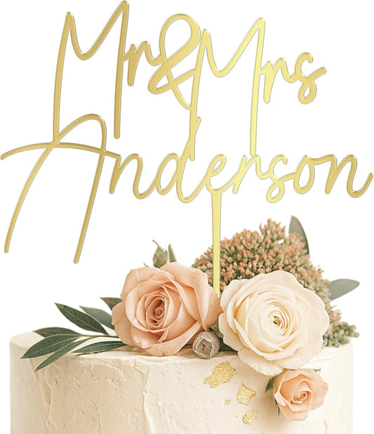 Personalized Mr & Mrs Wedding Cake Topper - Custom Last Name Cake Decoration - 6 Elegant Designs – Wood or Acrylic – 11 Colors – Ideal for Weddings & Anniversaries