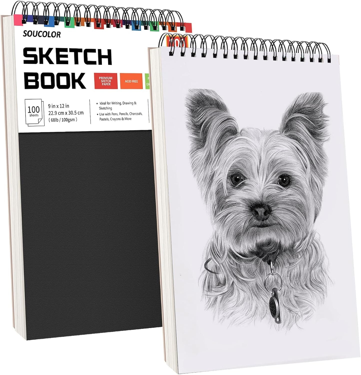 Professional Drawing Supplies for Sketch, Charcoal, Colored, Graphite, Pastel Pencils & Sticks. Soucolor 2-Pack 9" x 12" Sketch Book, 200 Sheets Spiral Bound 68lb/100gsm Paper for Kids Adults Artists